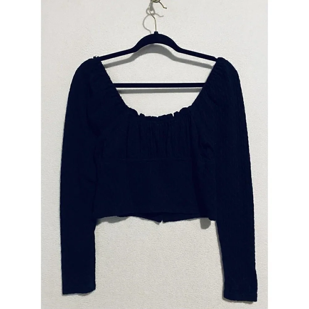 Free People Top Womens Small Black Ladybug Peasant Ruffle Cropped Boho Flirty